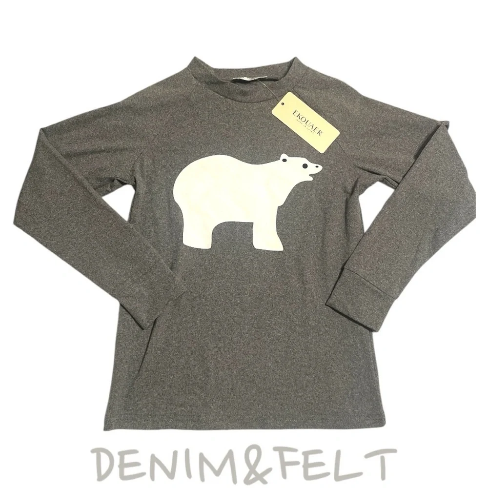 NEW Ekouaer‎ Kids Polar Bear Pajama Set Grey Navy Blue Long Sleeve Size 130 6-7Y